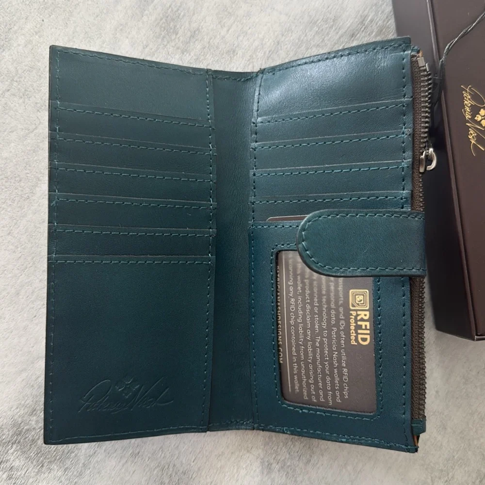 PATRICIA NASH Nazari Blue Coral Tooled Bifold RFID Leather Wallet
